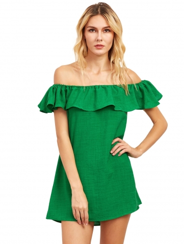 Flounce Off-The-Shoulder Dress - Green