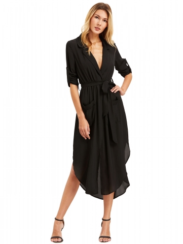 Black Lapel Self-tie HIgh Low Chiffon Dress With Pockets