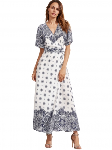 White Print V Neck Half Sleeve Split Dress