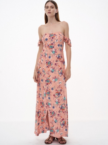 Pink Florals Off The Shoulder Slit Ruffle Dress