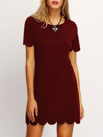 Burgundy Buttoned Keyhole Back Scallop Dress