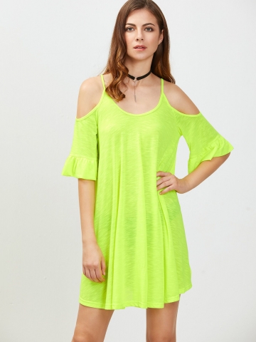 Neon Green Cold Shoulder Ruffle Cuff Dress