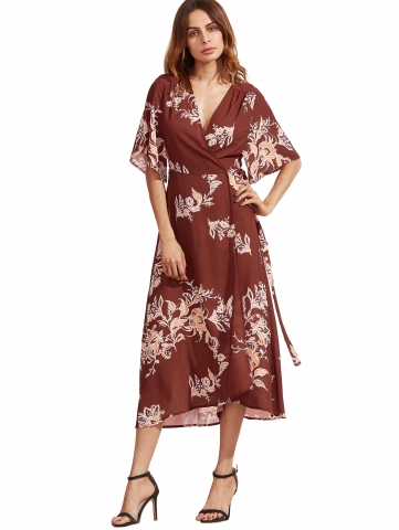 V Neck Florals Wrap Dress