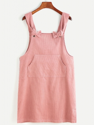 Pink Corduroy Slit Side Overall Dress With Pocket