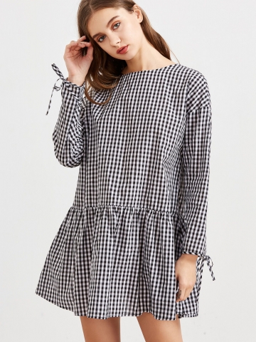 Black And White Checkered Tie Sleeve Ruffle Hem Dress