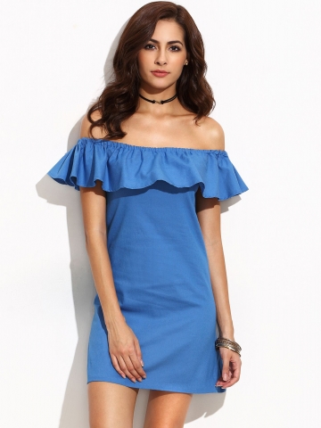 Blue Ruffle Off The Shoulder Denim Dress