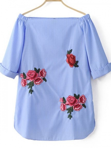 Blue Off The Shoulder Stripe Embroidery Dress