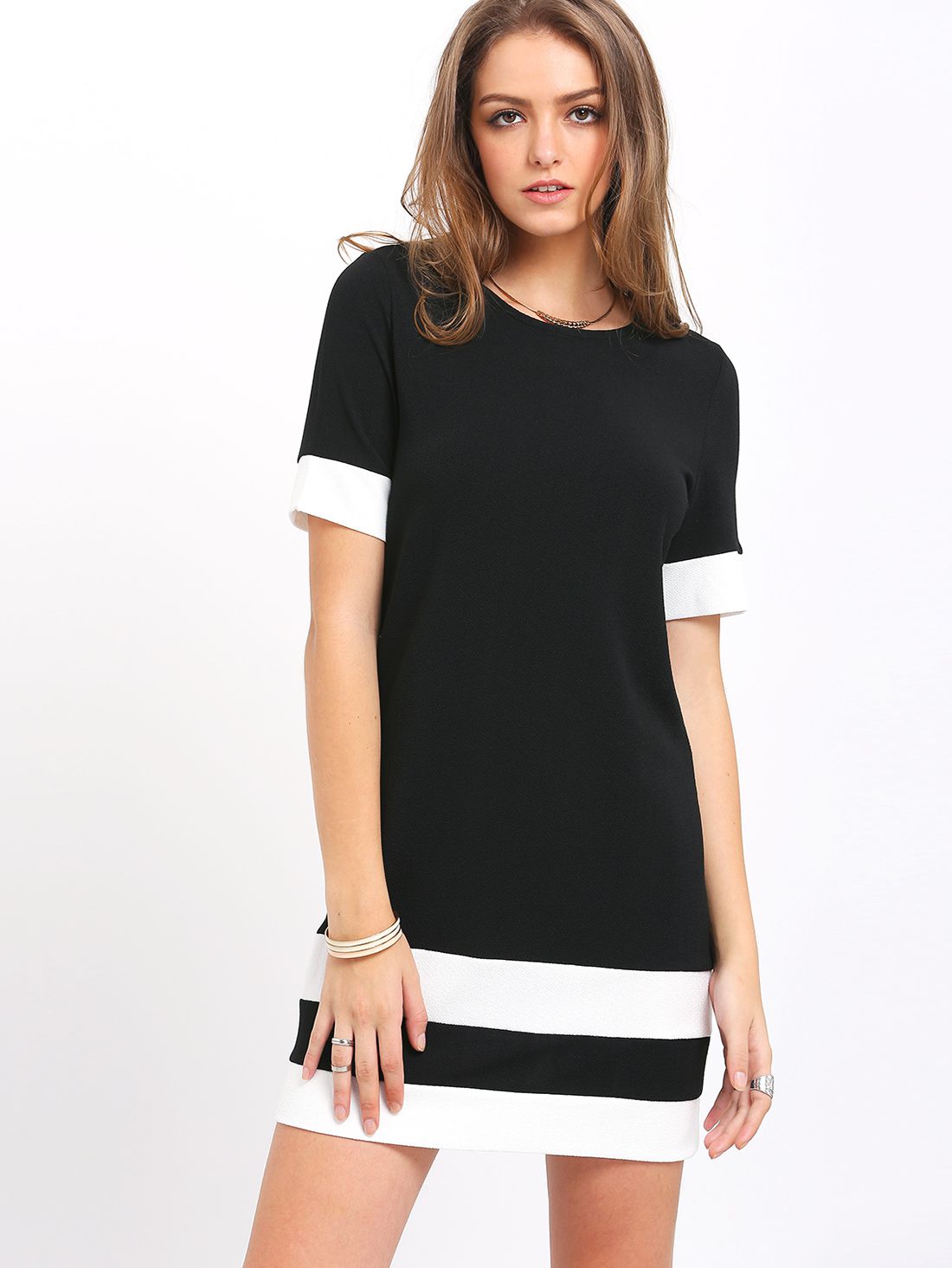 Black White Patchwork Short Sleeve Shift Dress