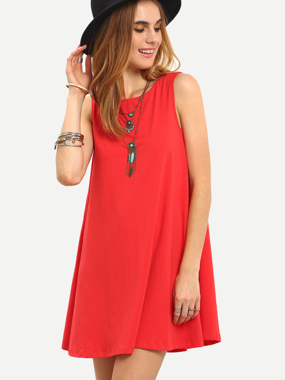 Red Sleeveless Tie Back Shift Dress