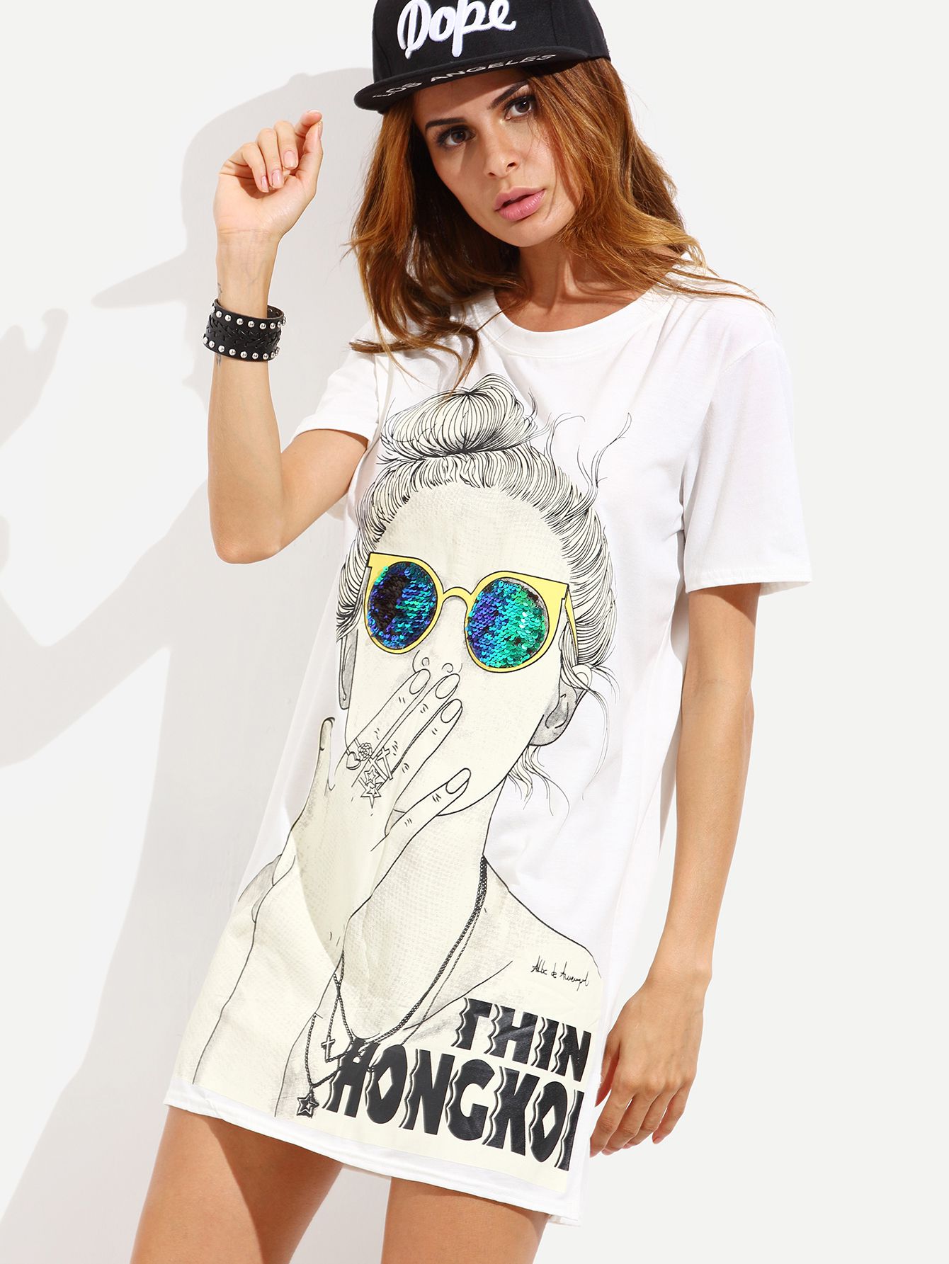 White Cartoon Print Slit Side Tshirt Dress