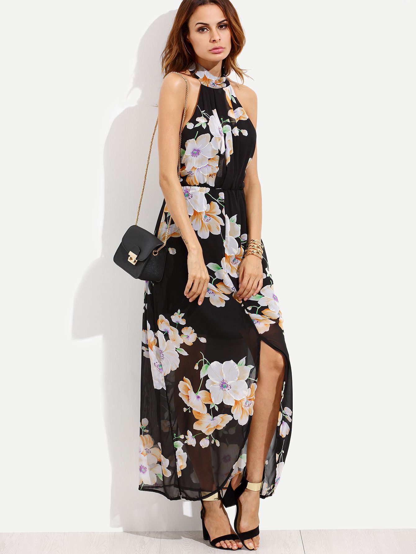 Black Flower Print Halter Neck Slit Chiffon Dress