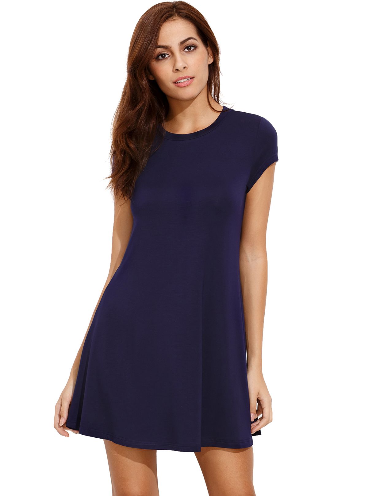 Navy Short Sleeve Shirt Cut Swing Dress