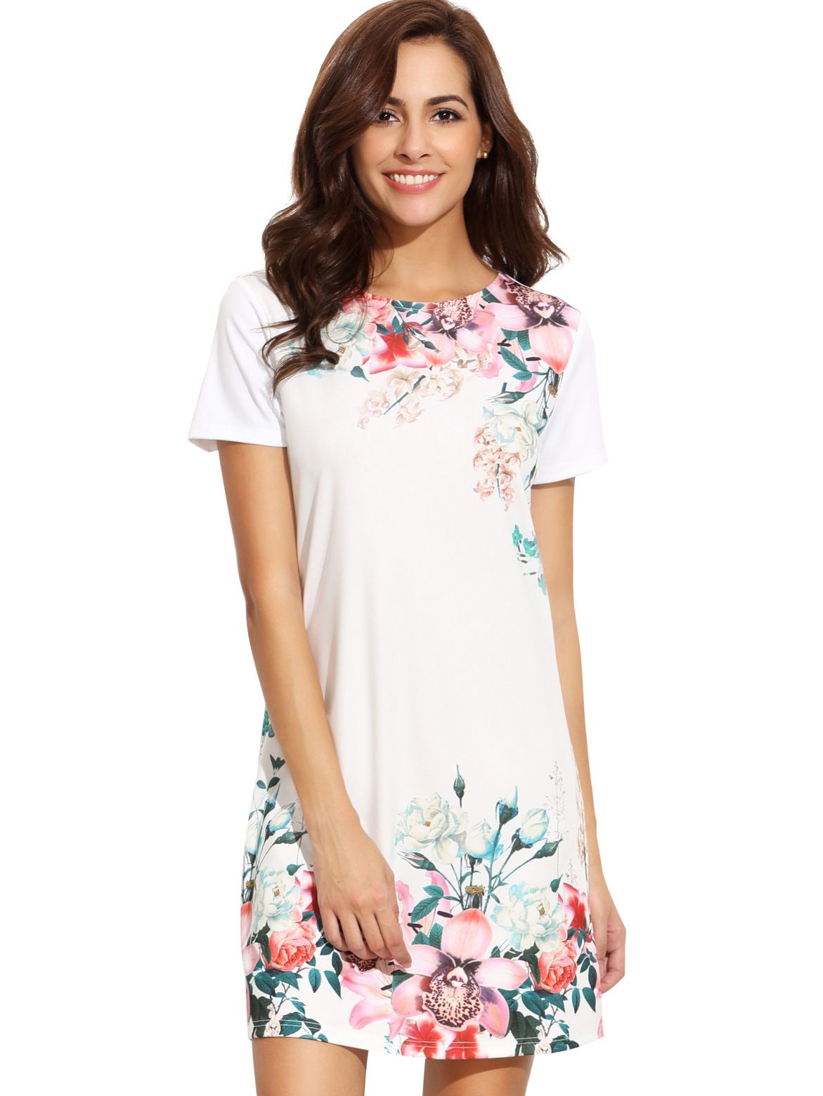 White Round Neck Floral Print Vintage Dress