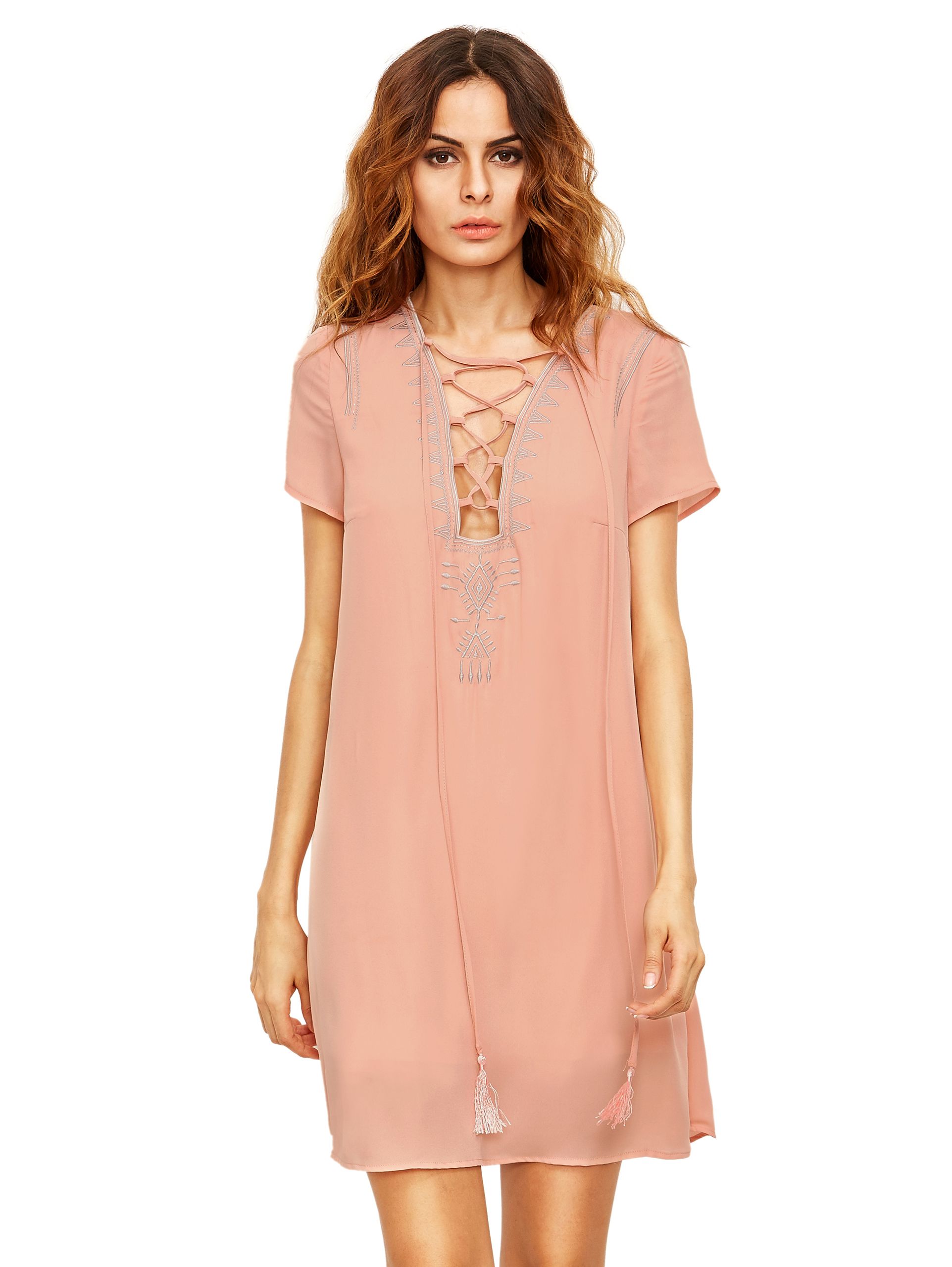 Pink Lace Up Print Front Shift Dress