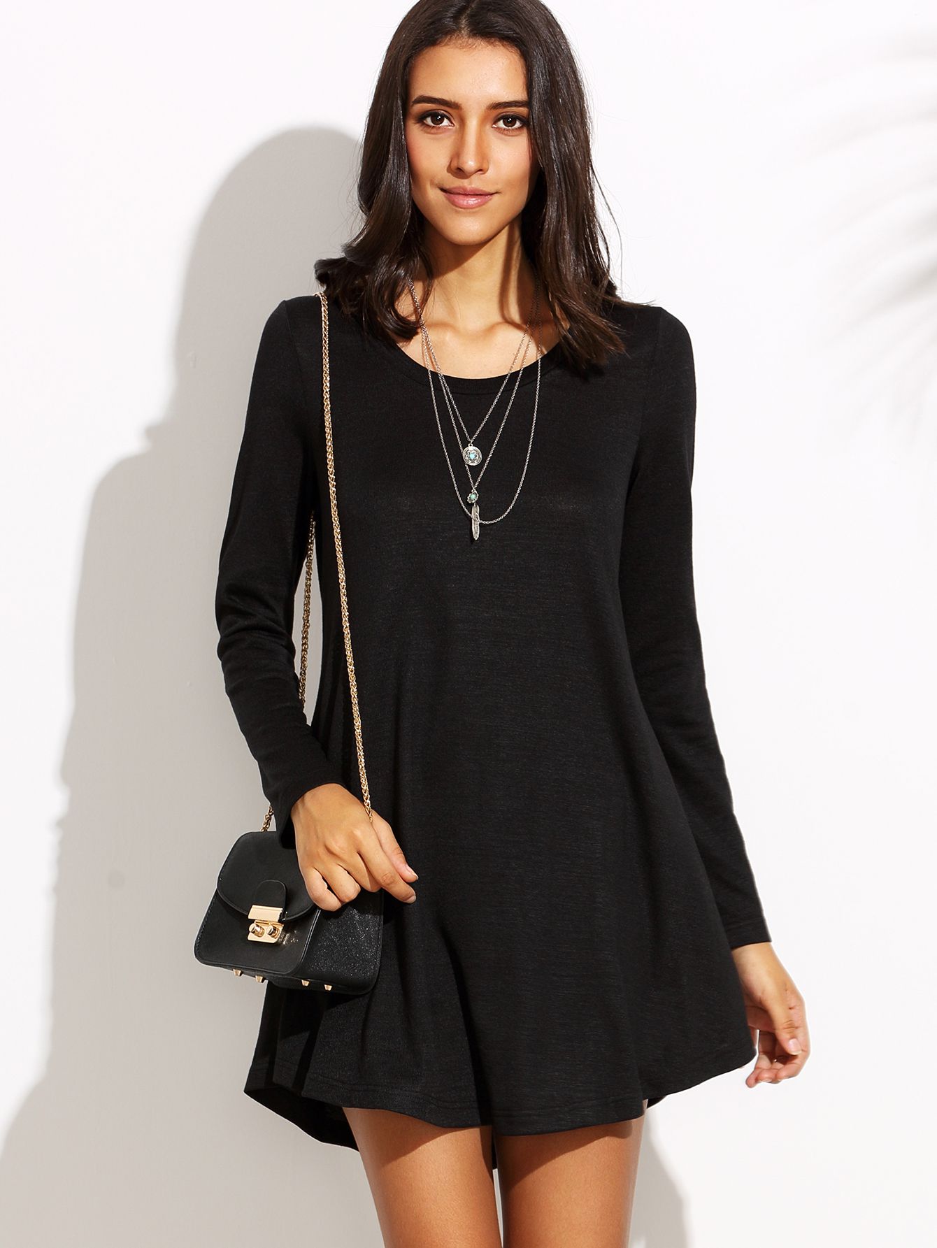 Black Round Neck Long Sleeve Shift Dress