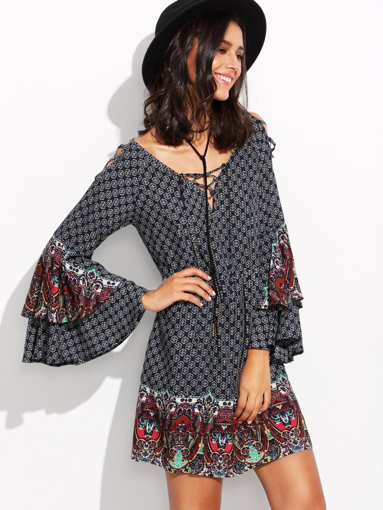 Multicolor Print Criss Cross Bell Sleeve Shift Dress