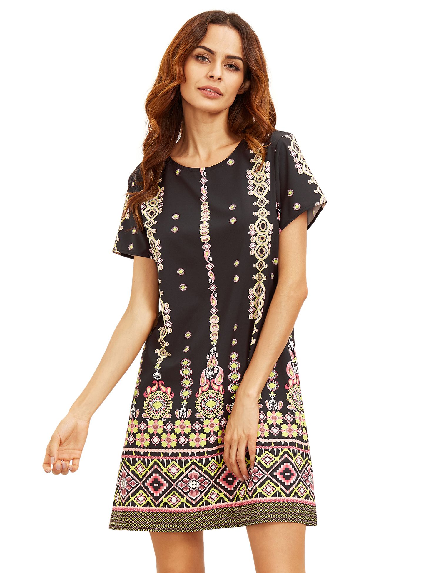 Pink In Black Aztec Print Shift Dress