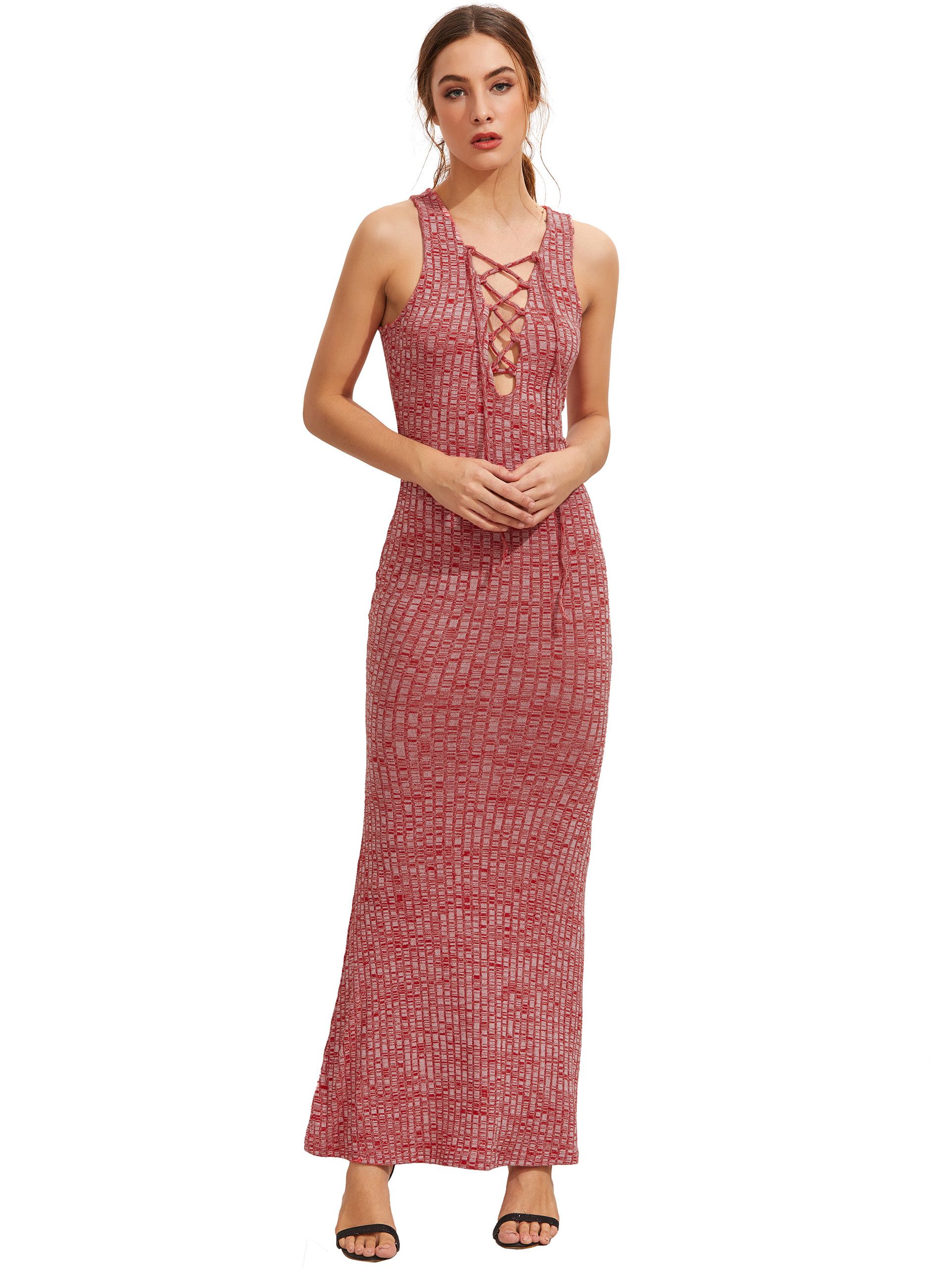 Dark Red Sleeveless Lace Up Maxi Dress