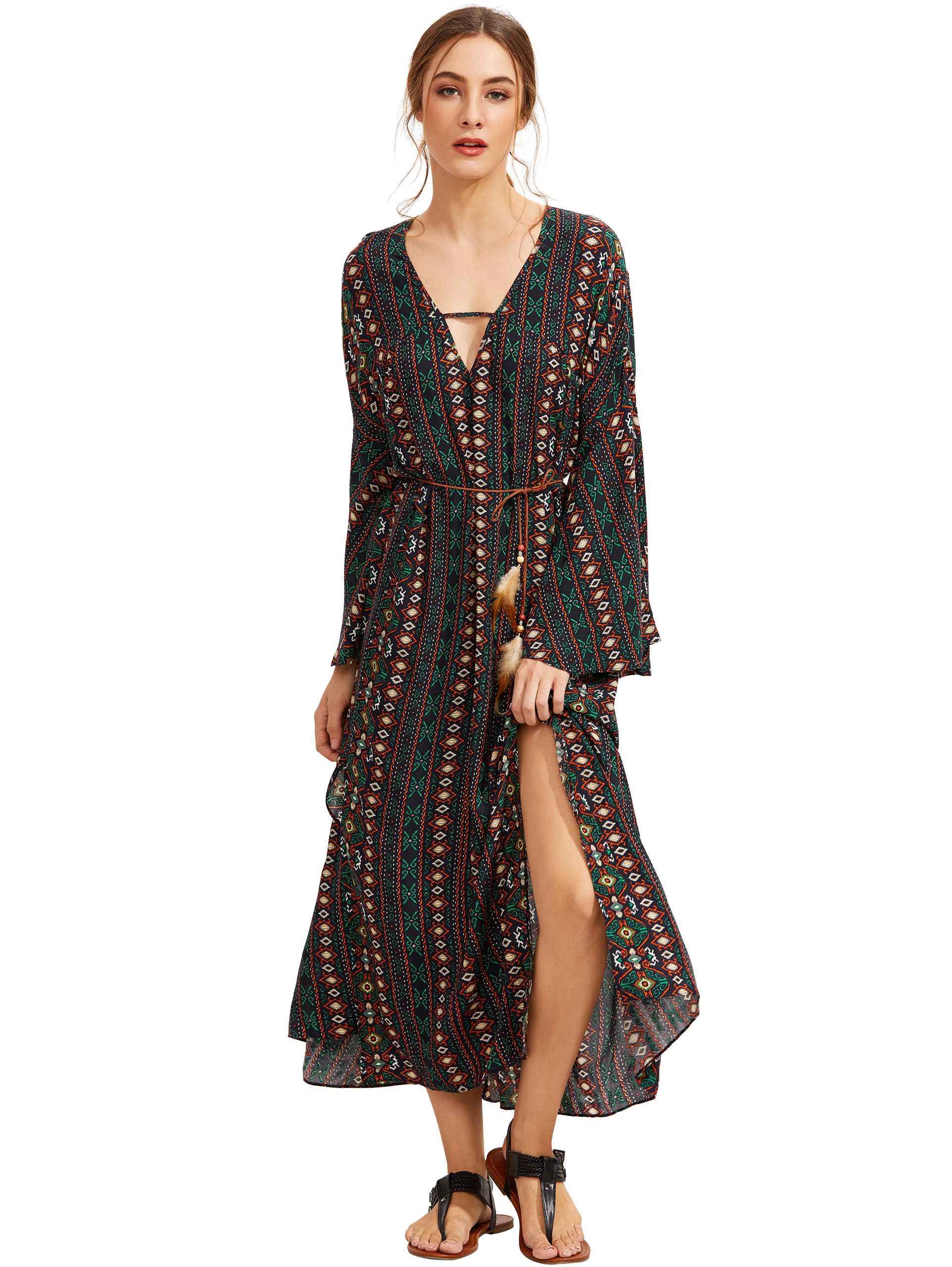 Tribal Print Slit Long Dress