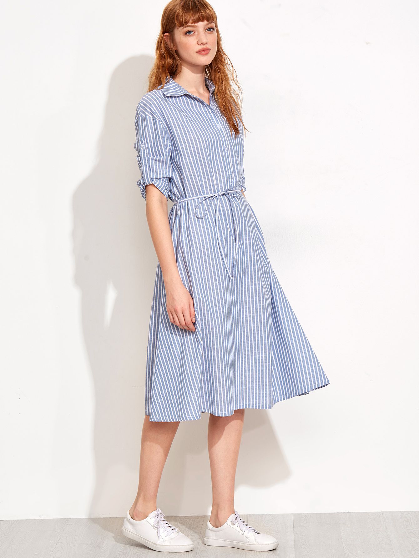 Blue Vertical Stripe Self Tie Shirt Dress