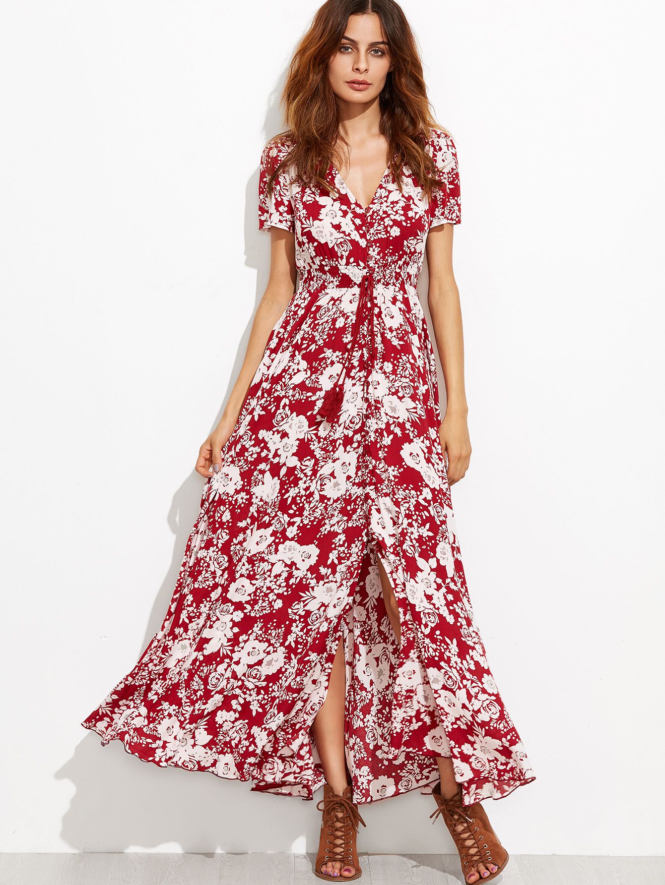 Burgundy Floral Self Tie Fringe Split Dress