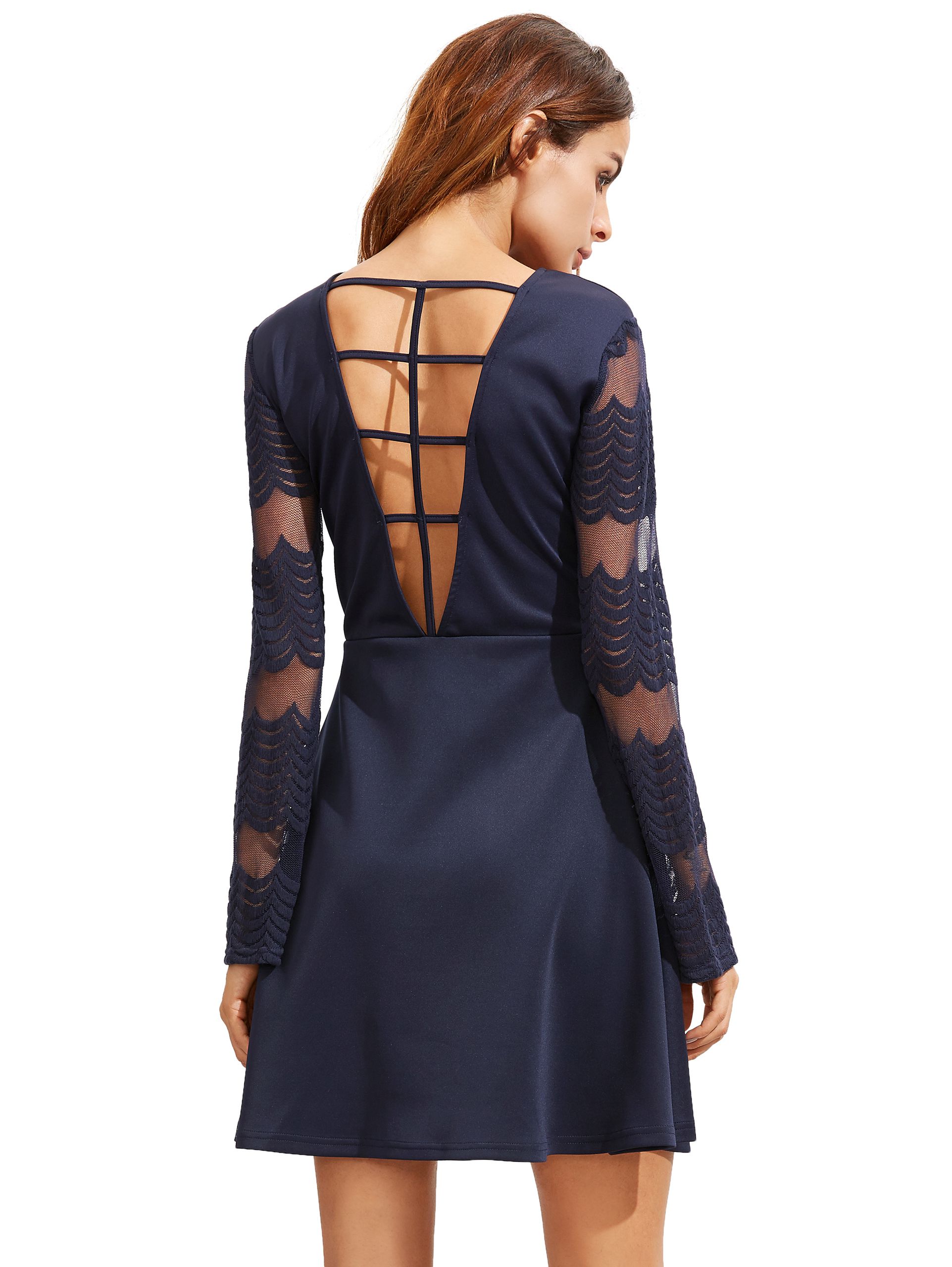 Navy Long Sleeve Backless Dress