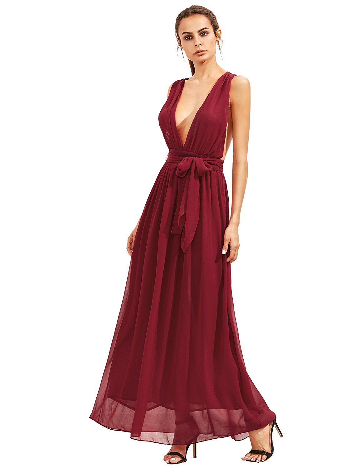 Burgundy Deep V Neck Self Tie Waist Maxi Dress