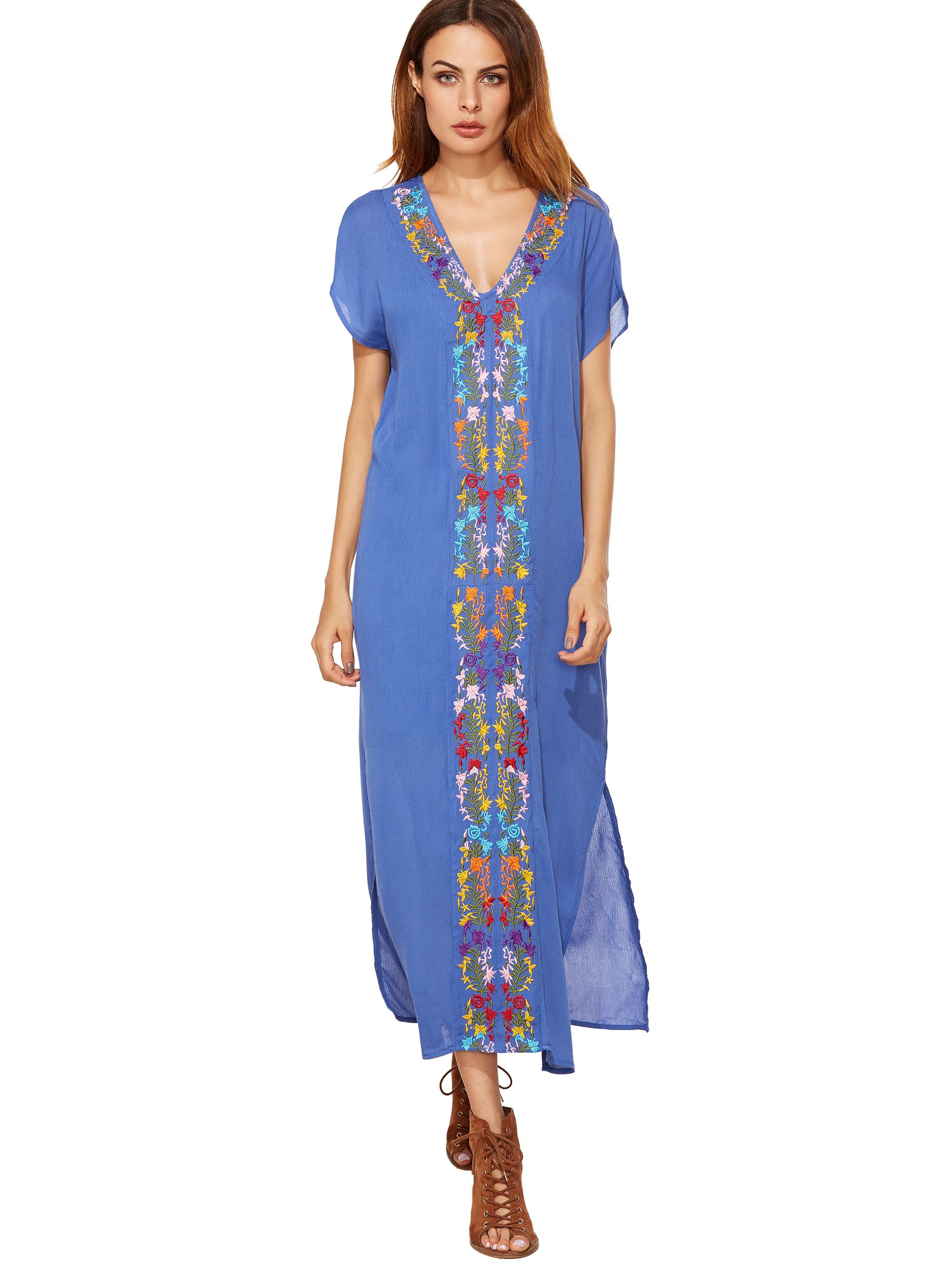 Blue Placement Print Split Side Maxi Dress