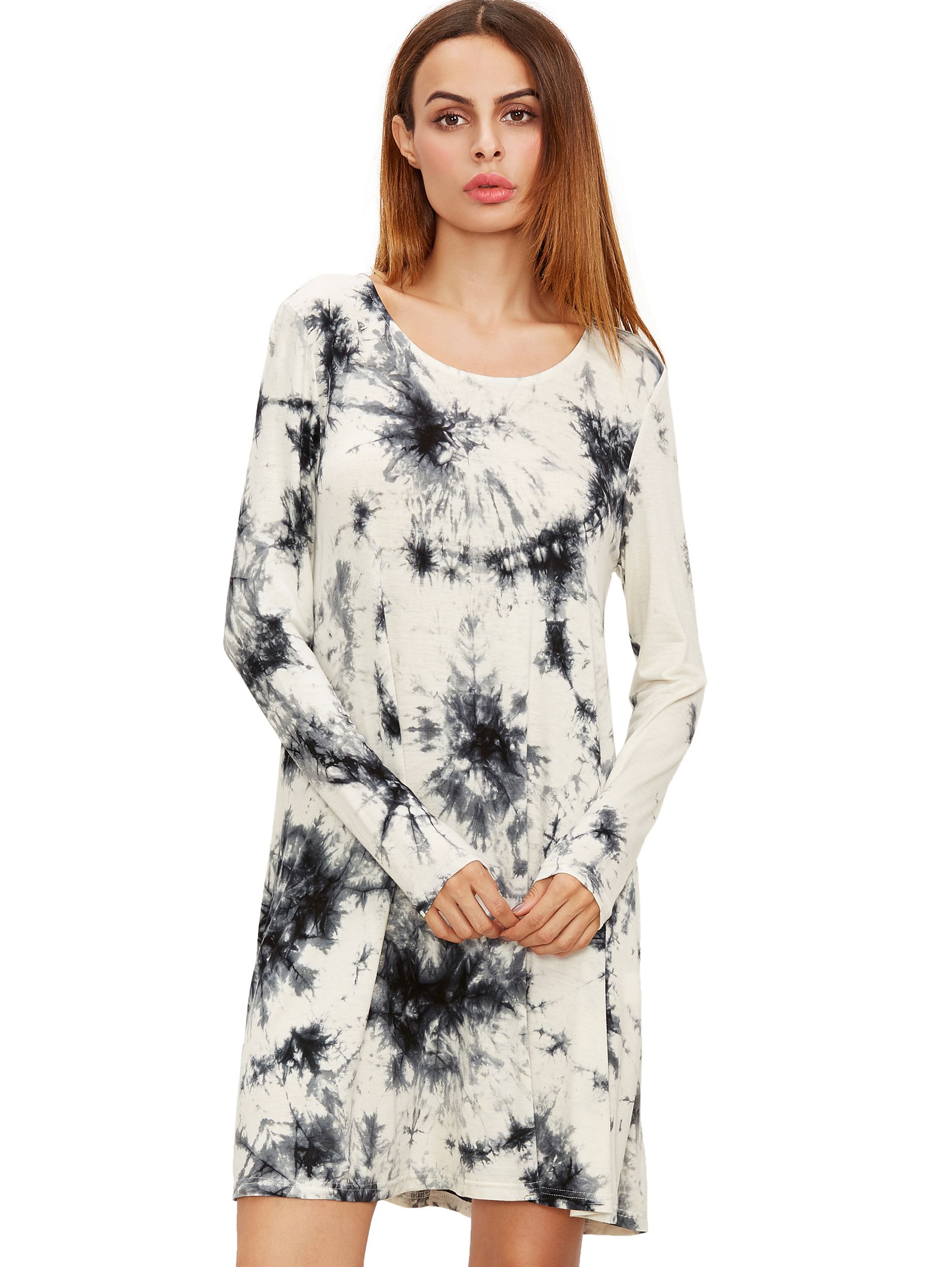 Black And White Ink Print Tie-dye Long Sleeve Dress