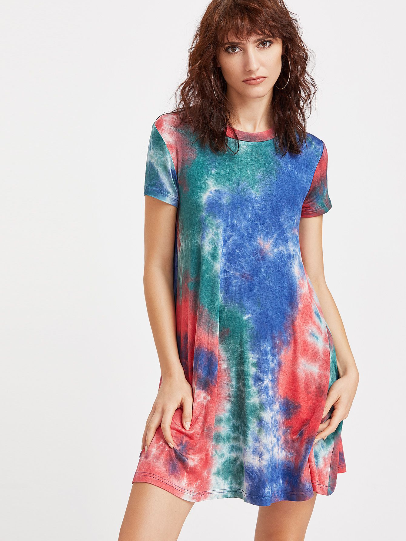 Multicolor Tie Dye Print Short Sleeve Tee Dress