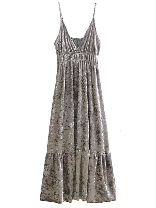 Silver V Neck Velvet Midi Cami Dress