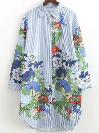 Blue Flower Print Vertical Striped Shirt Dress